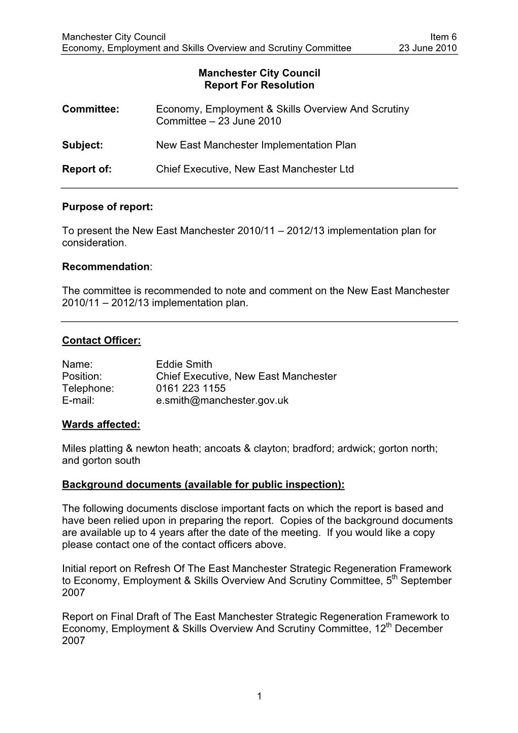 New East Manchester Implementation Plan