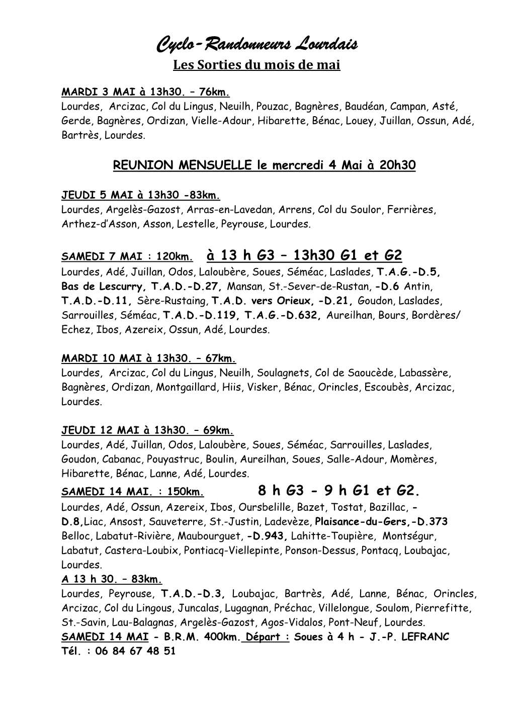 Cyclo-Randonneurs Lourdais Les Sorties Du Mois De Mai