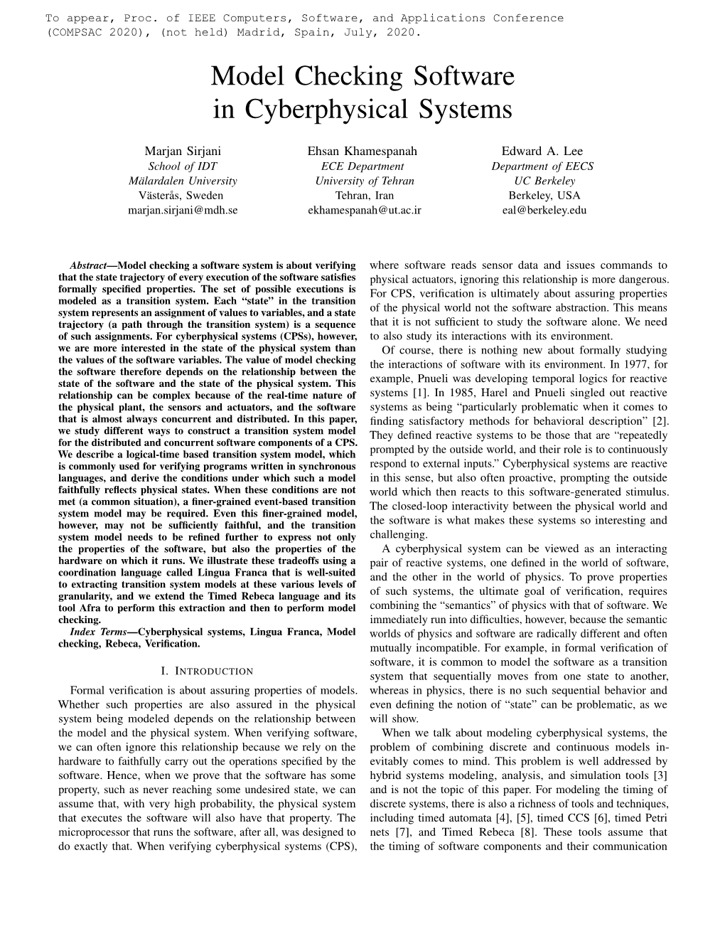 Model Checking Software in Cyberphysical Systems