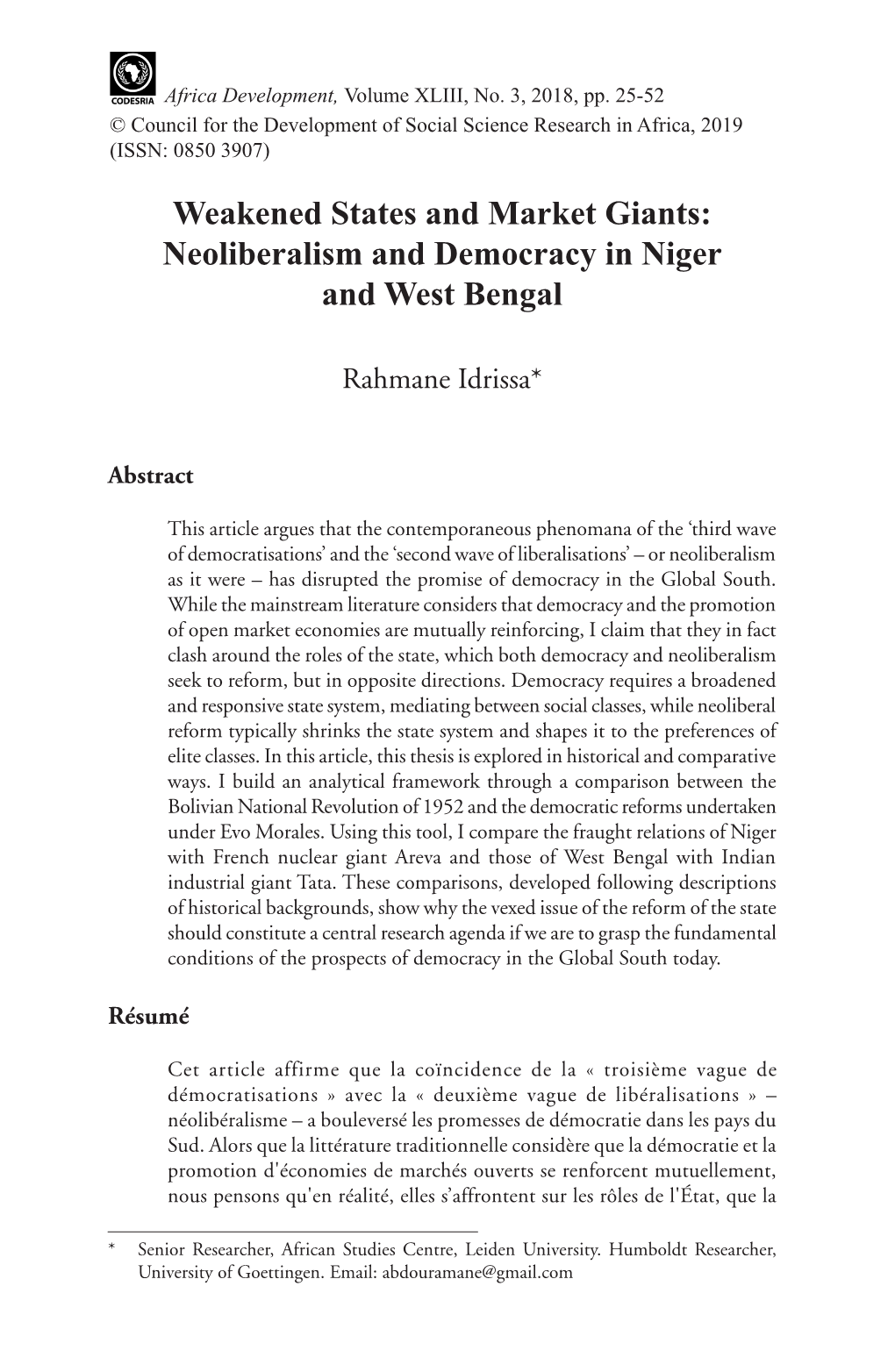 Neoliberalism and Democracy in Niger and West Bengal