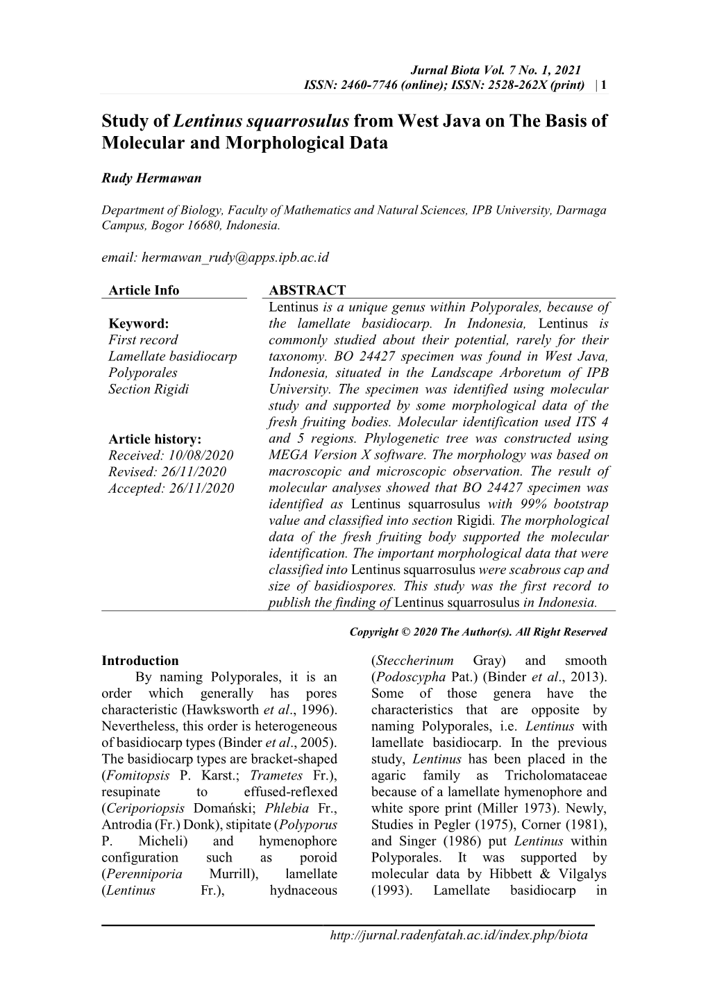 Study of Lentinus Squarrosulus from West Java on the Basis of Molecular and Morphological Data