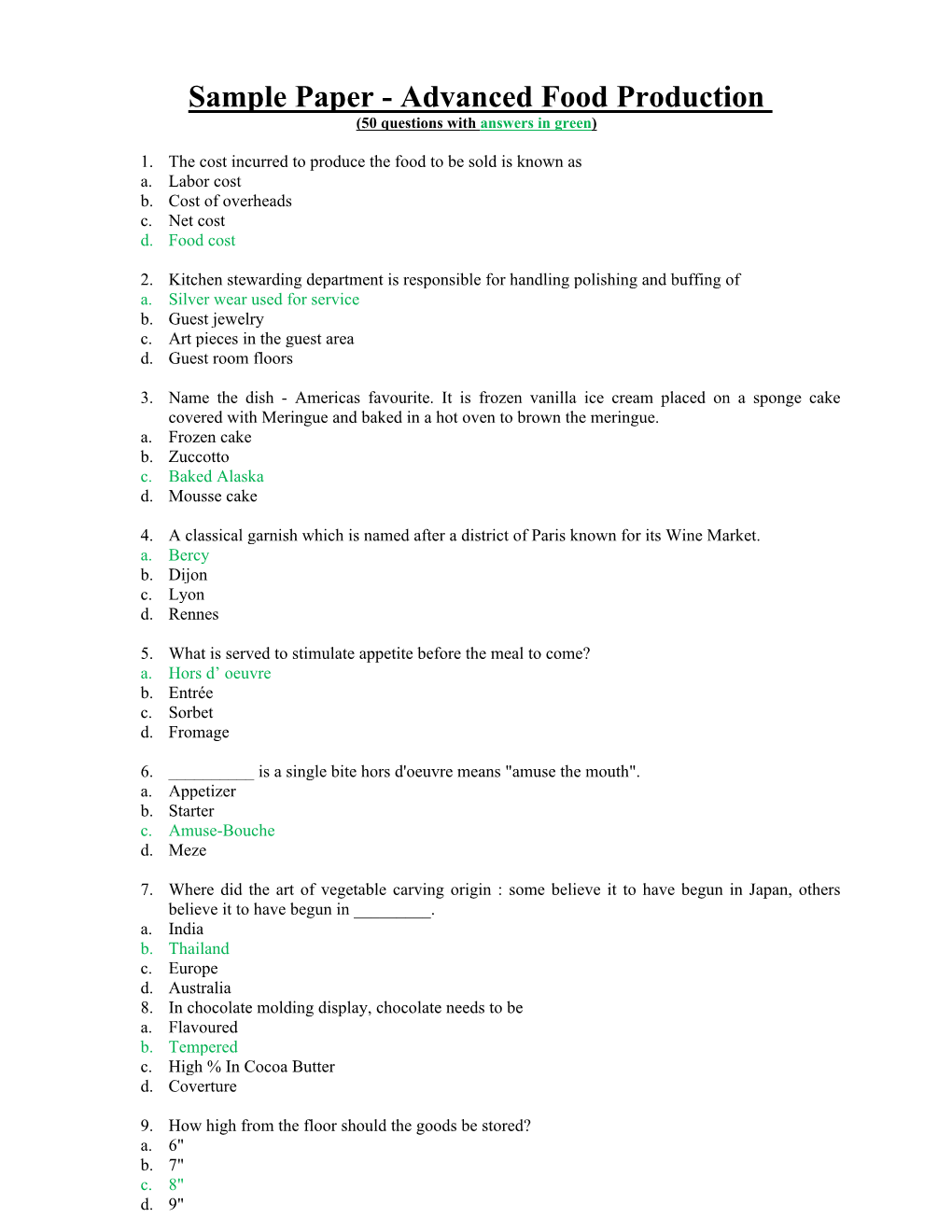 Sample Paper - Advanced Food Production (50 Questions with Answers in Green)
