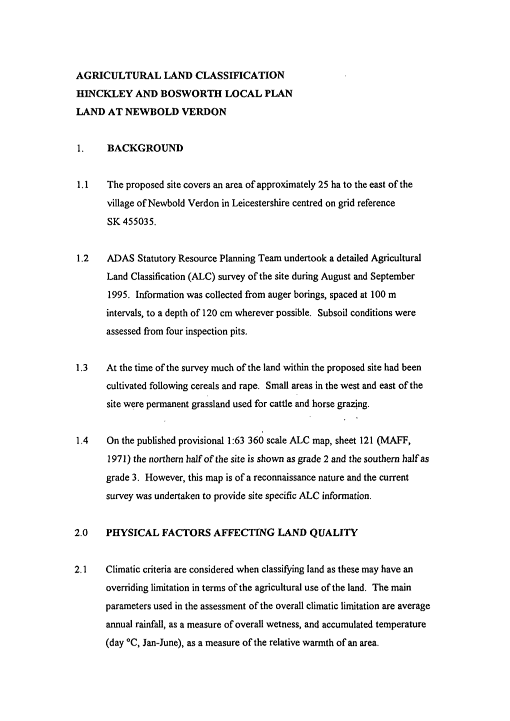 Agricultural Land Classification Hinckley and Bosworth Local Plan Land at Newbold Verdon