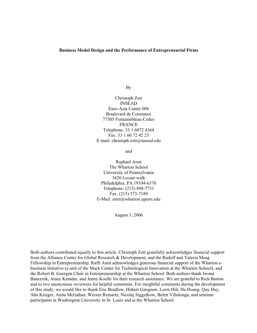 Business Model Design and the Performance of Entrepreneurial Firms