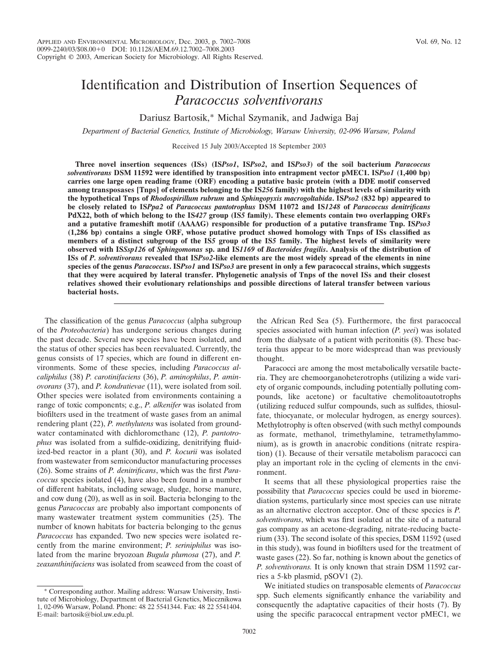 Identification and Distribution of Insertion Sequences of Paracoccus