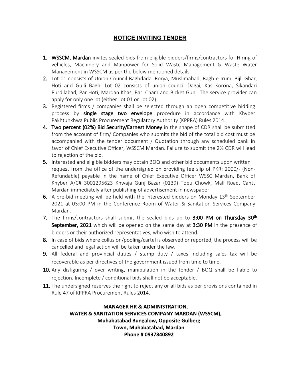 NOTICE INVITING TENDER 1. WSSCM, Mardan Invites Sealed