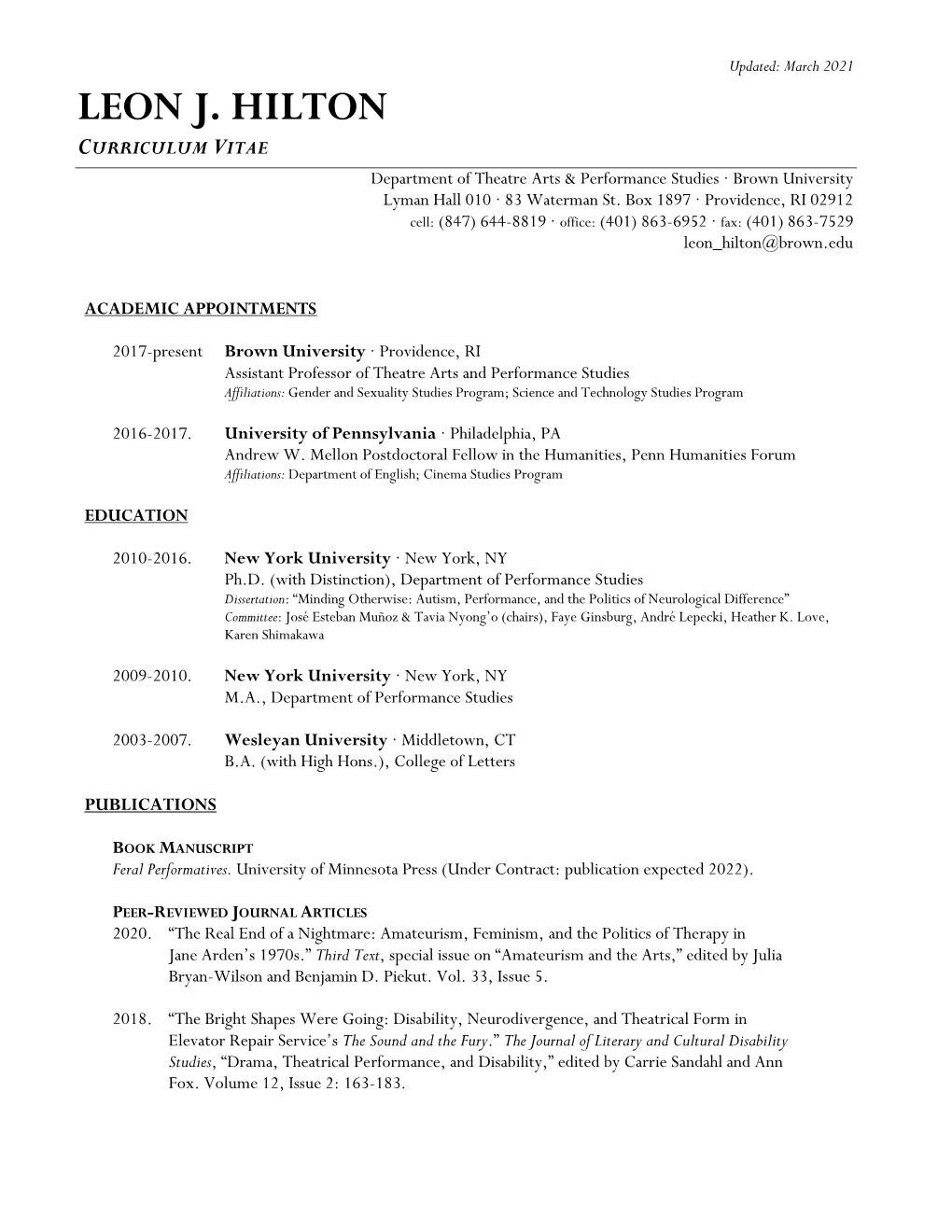 LEON J. HILTON CURRICULUM VITAE Department of Theatre Arts & Performance Studies · Brown University Lyman Hall 010 · 83 Waterman St