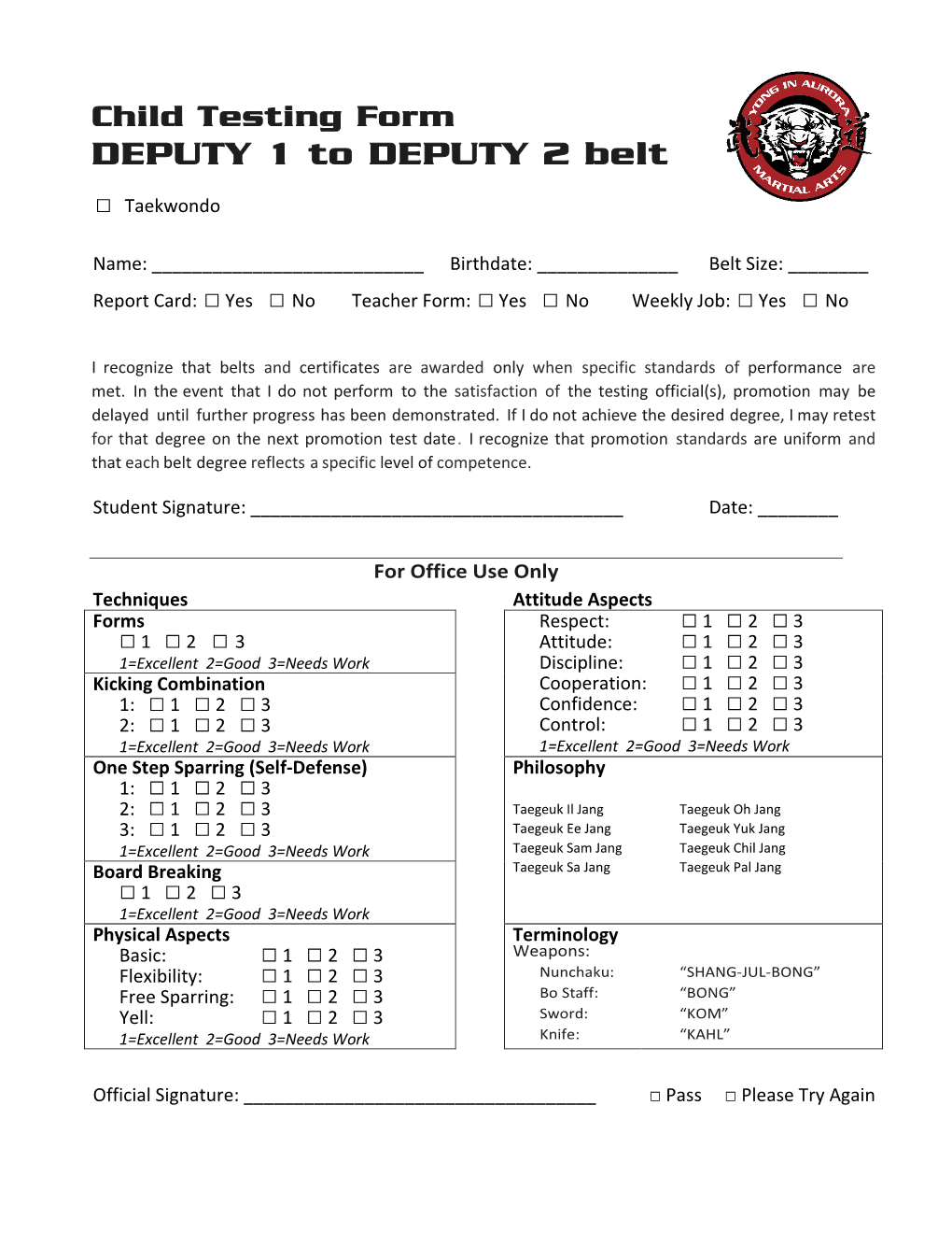 Child Testing Form DEPUTY 1 to DEPUTY 2 Belt