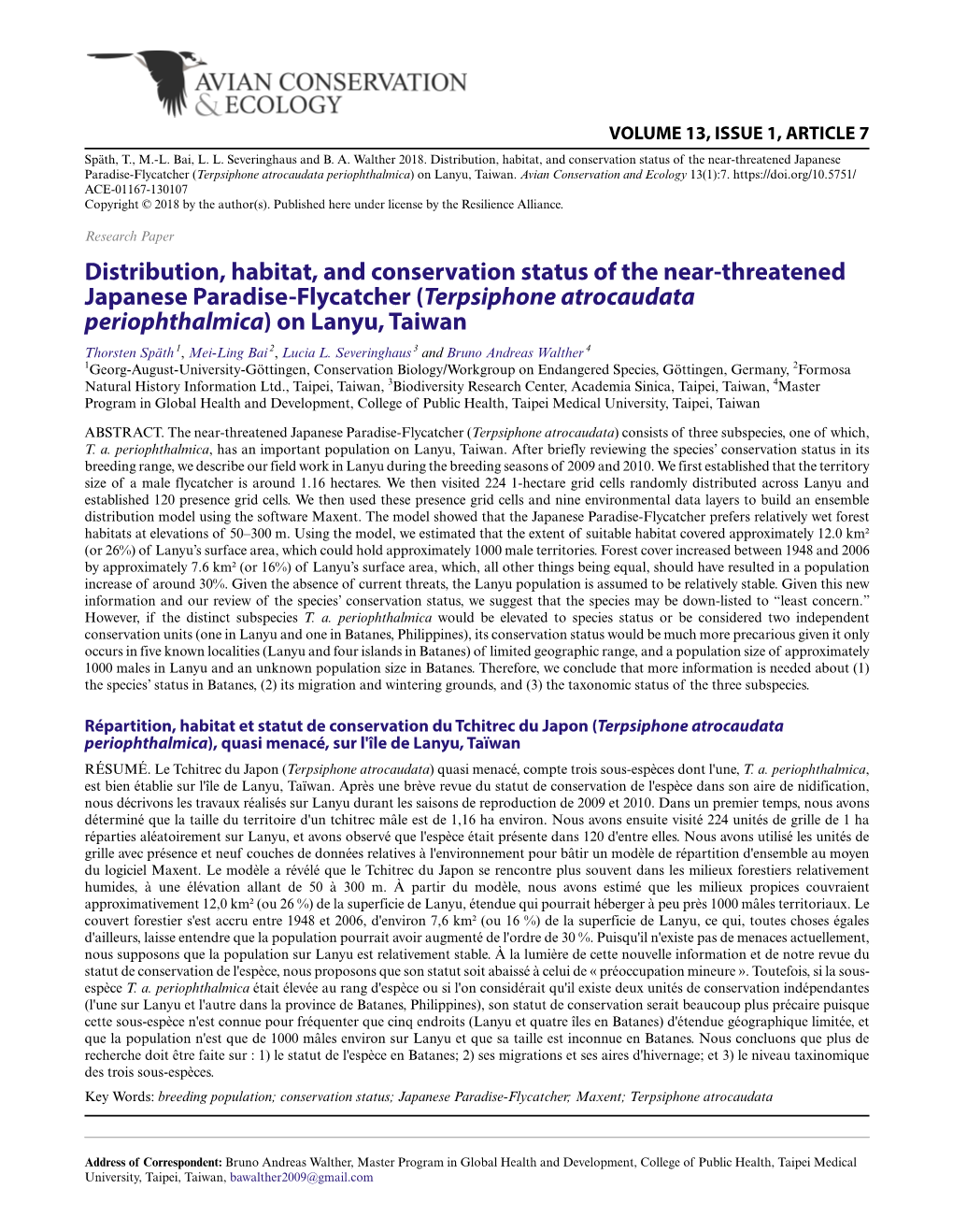 Distribution, Habitat, and Conservation Status of the Near-Threatened Japanese Paradise-Flycatcher (Terpsiphone Atrocaudata Periophthalmica) on Lanyu, Taiwan