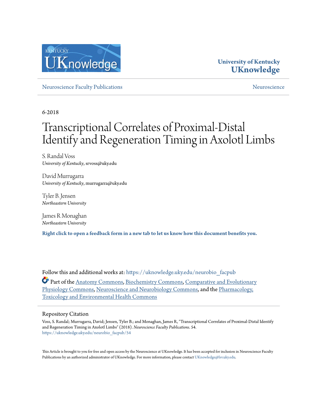 Transcriptional Correlates of Proximal-Distal Identify and Regeneration Timing in Axolotl Limbs S