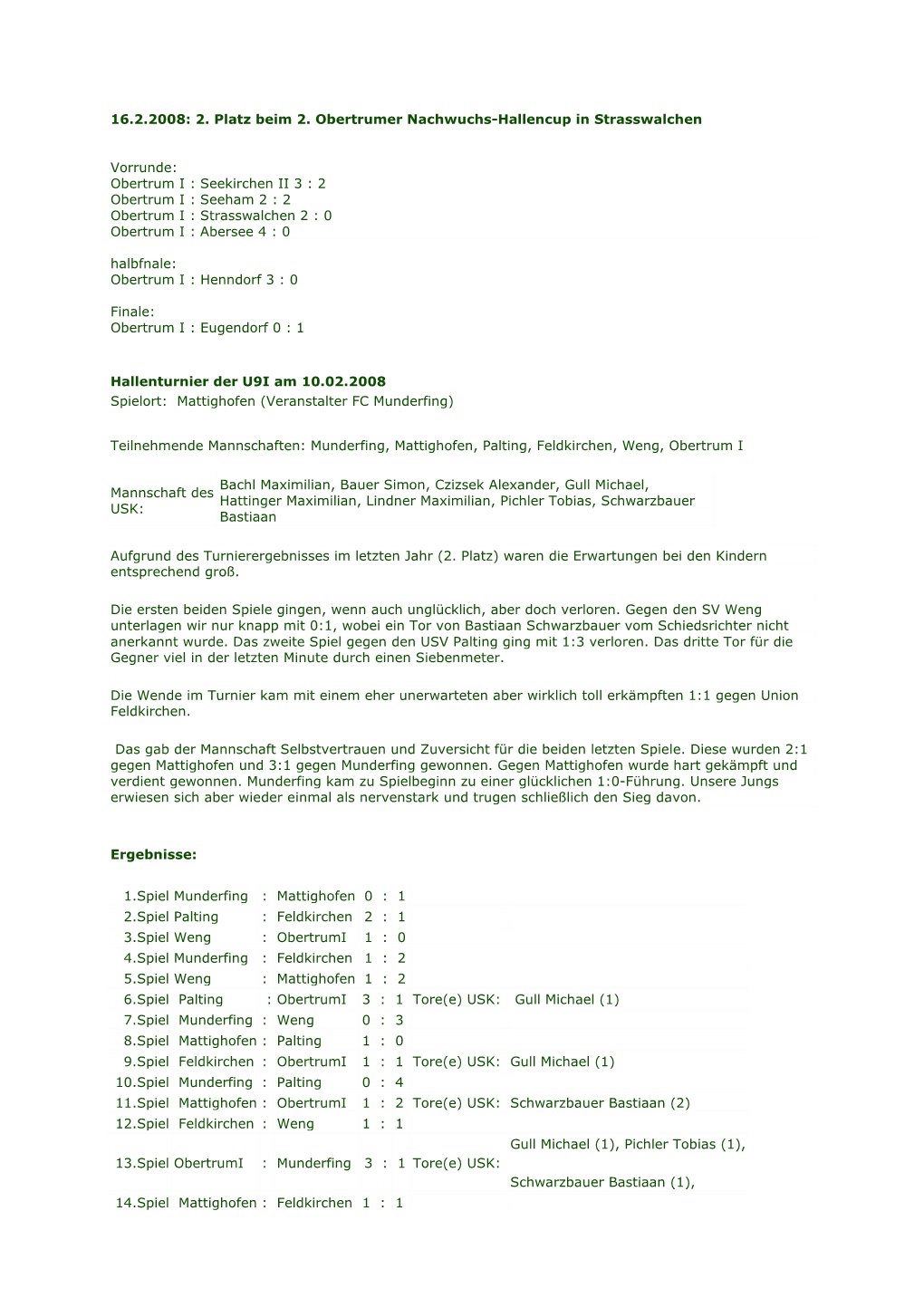 16.2.2008: 2. Platz Beim 2. Obertrumer Nachwuchs-Hallencup in Strasswalchen