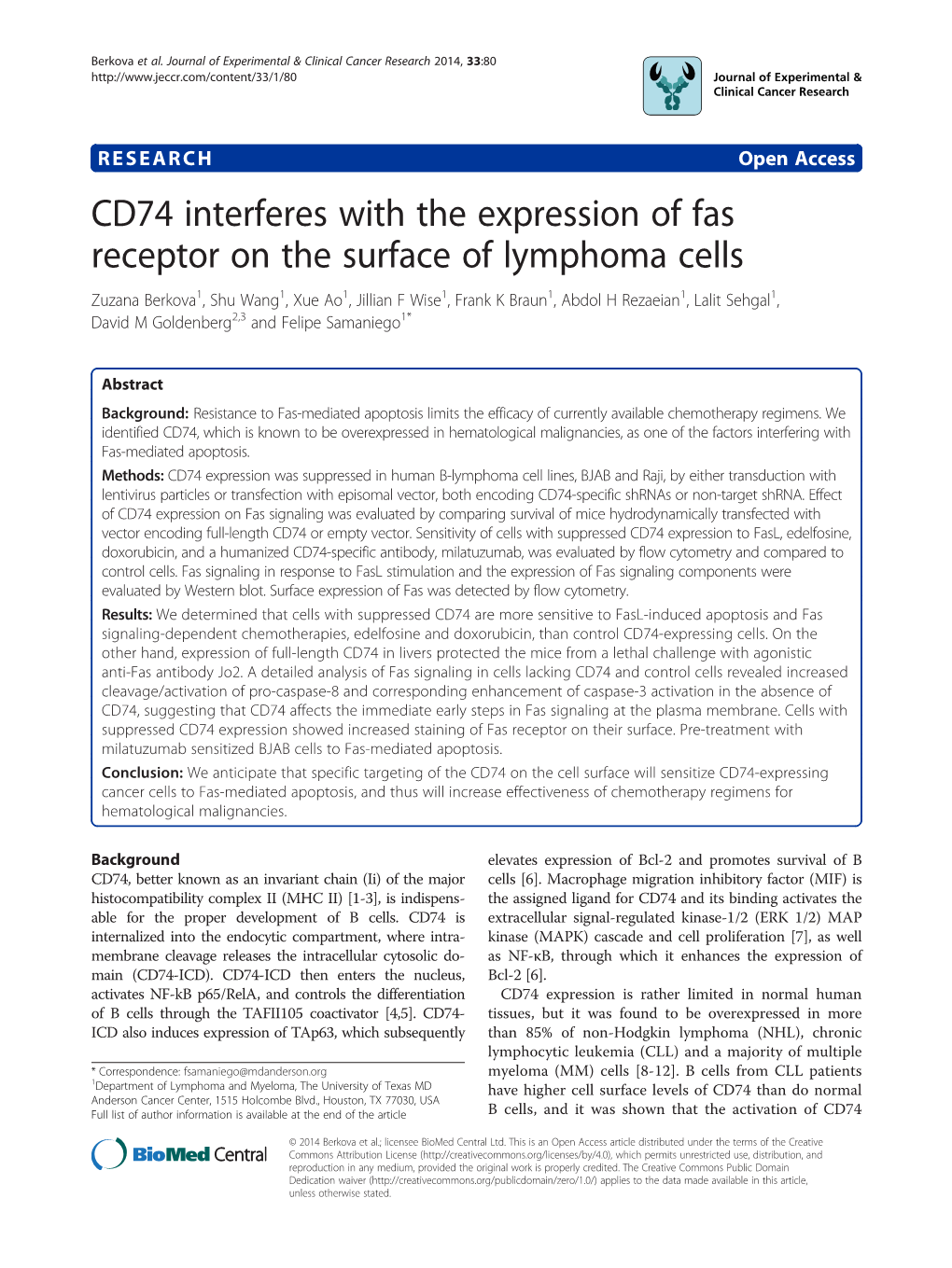 CD74 Interferes with the Expression of Fas Receptor on the Surface Of