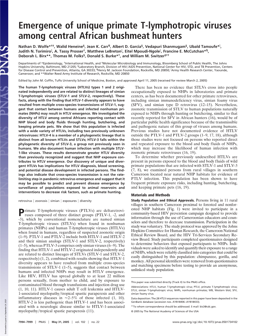 Emergence of Unique Primate T-Lymphotropic Viruses Among Central African Bushmeat Hunters