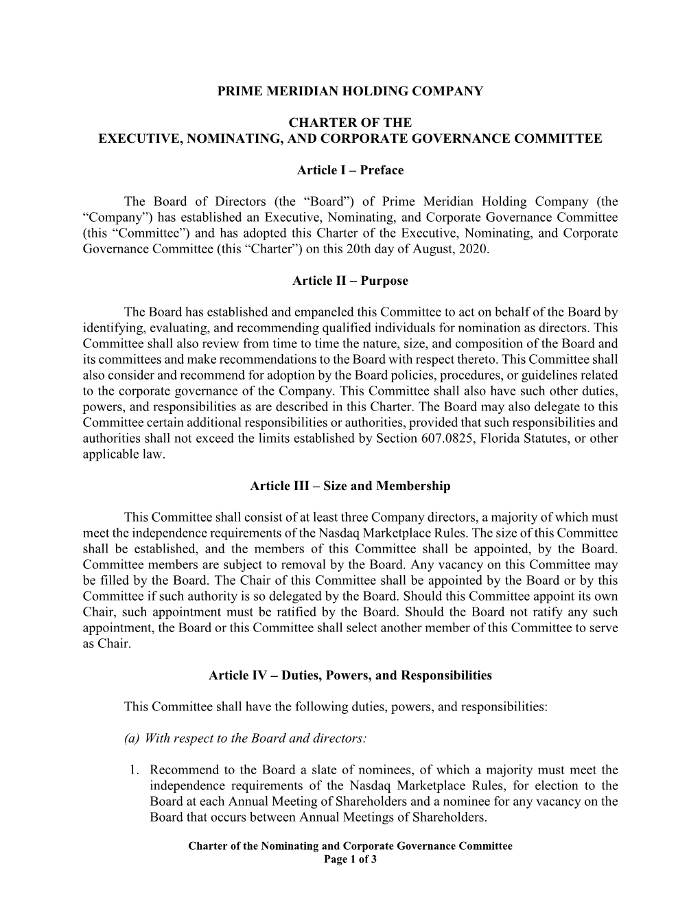 Prime Meridian Holding Company Charter of The