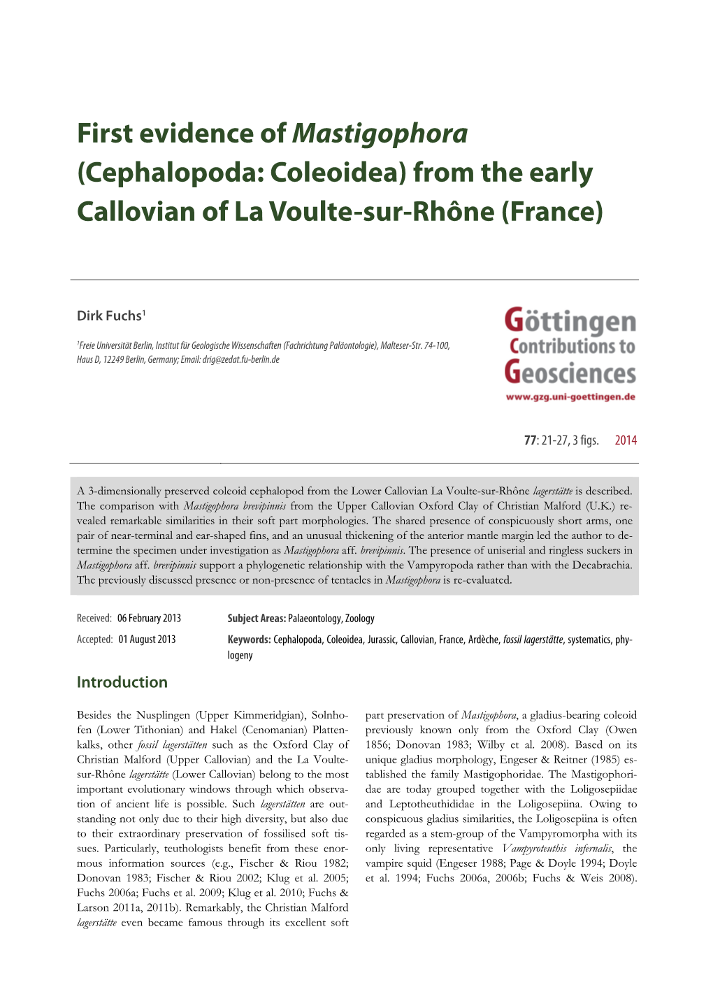 First Evidence of Mastigophora (Cephalopoda: Coleoidea) from the Early Callovian of La Voulte-Sur-Rhône (France)