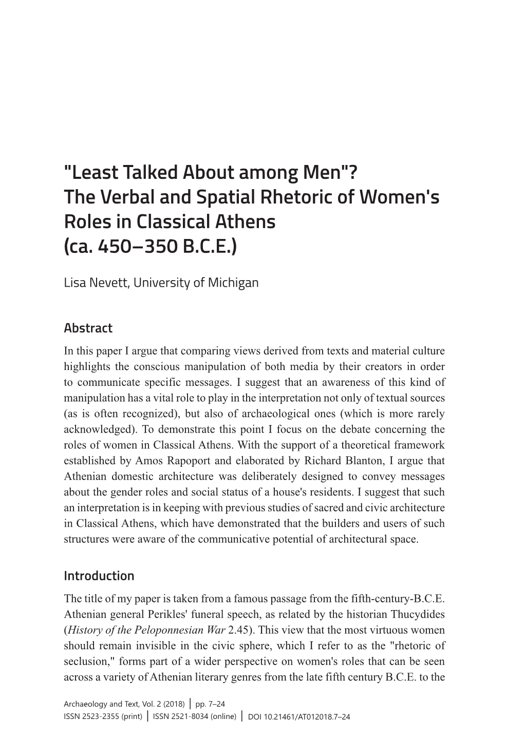 The Verbal and Spatial Rhetoric of Women's Roles in Classical Athens (Ca