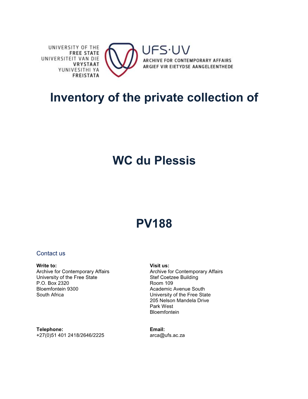 Inventory of the Private Collection of WC Du Plessis PV188