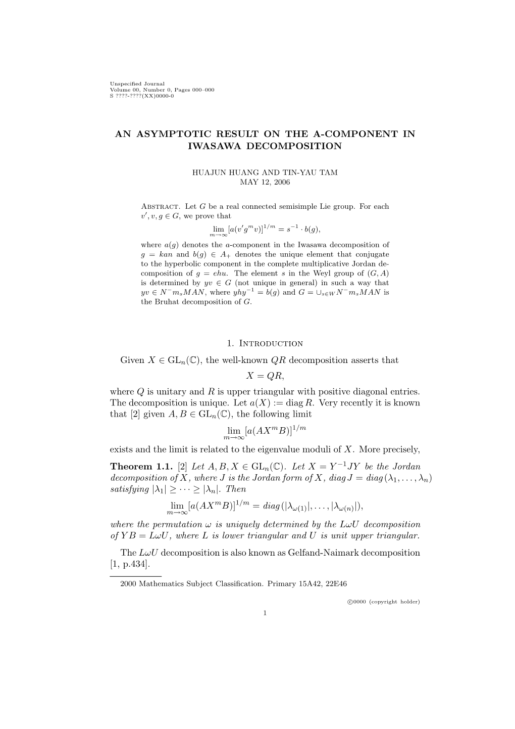 An Asymptotic Result on the A-Component in Iwasawa Decomposition