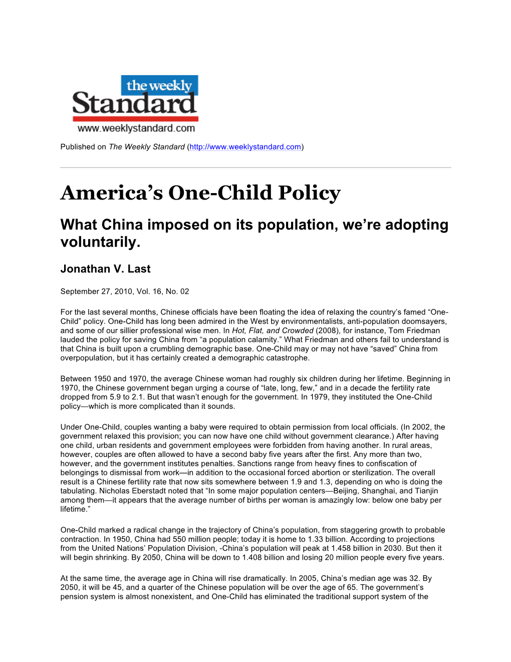 America's One-Child Policy