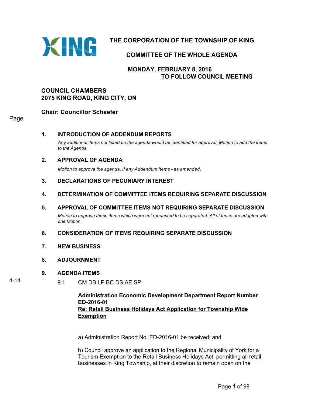 The Corporation of the Township of King Committee