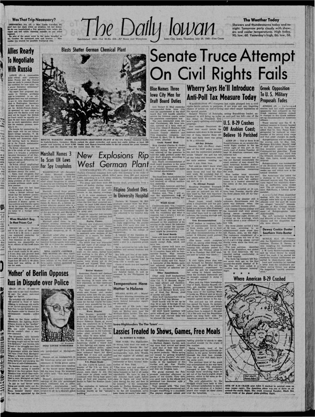 Iowa City, Iowa, Thursday, July 29, 1948-Five Cenls Cartiide Was Treated for Possible Fractured Ribs