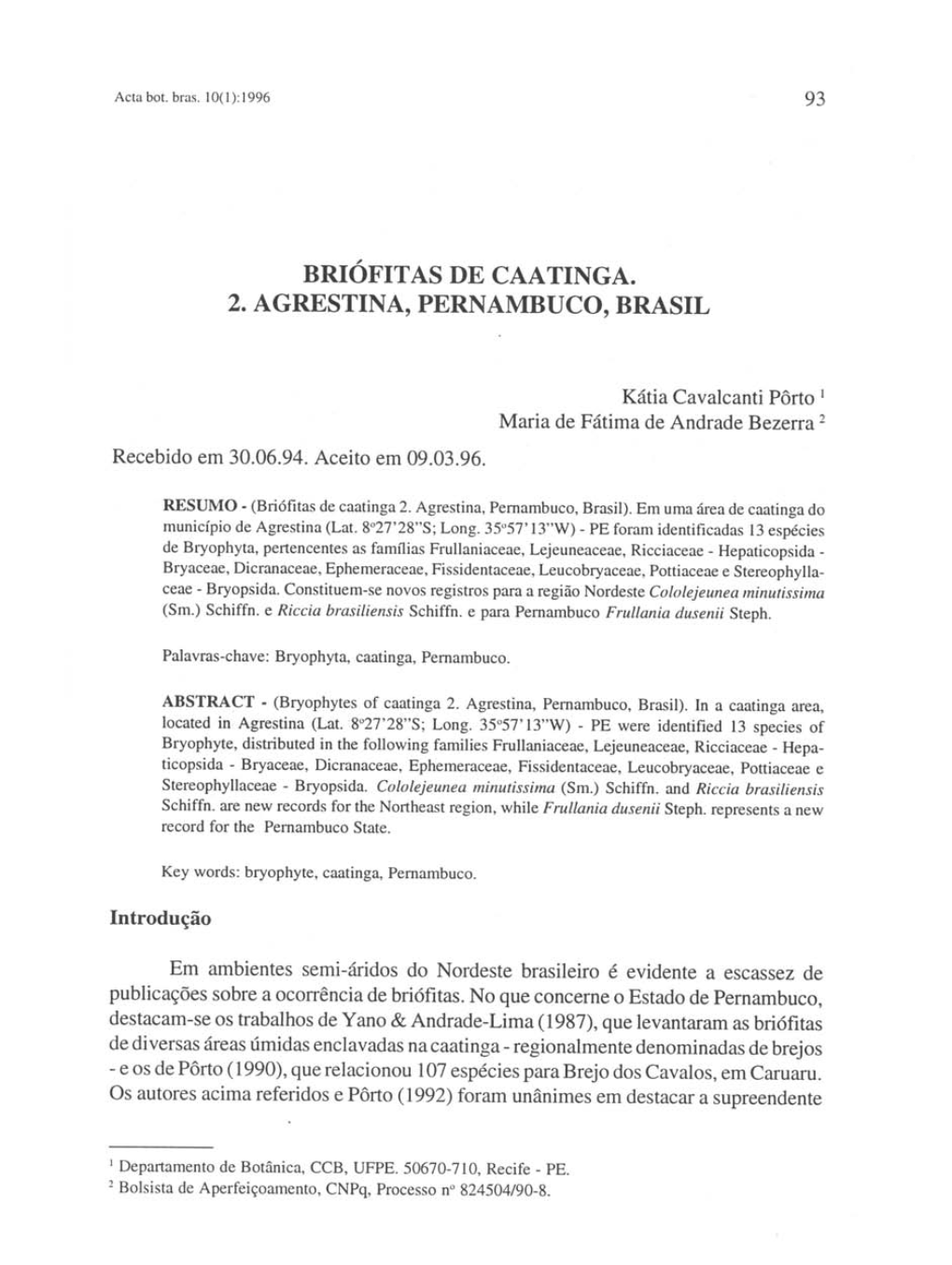 Briófitas De Caatinga. 2. Agrestina, Pernambuco, Brasil
