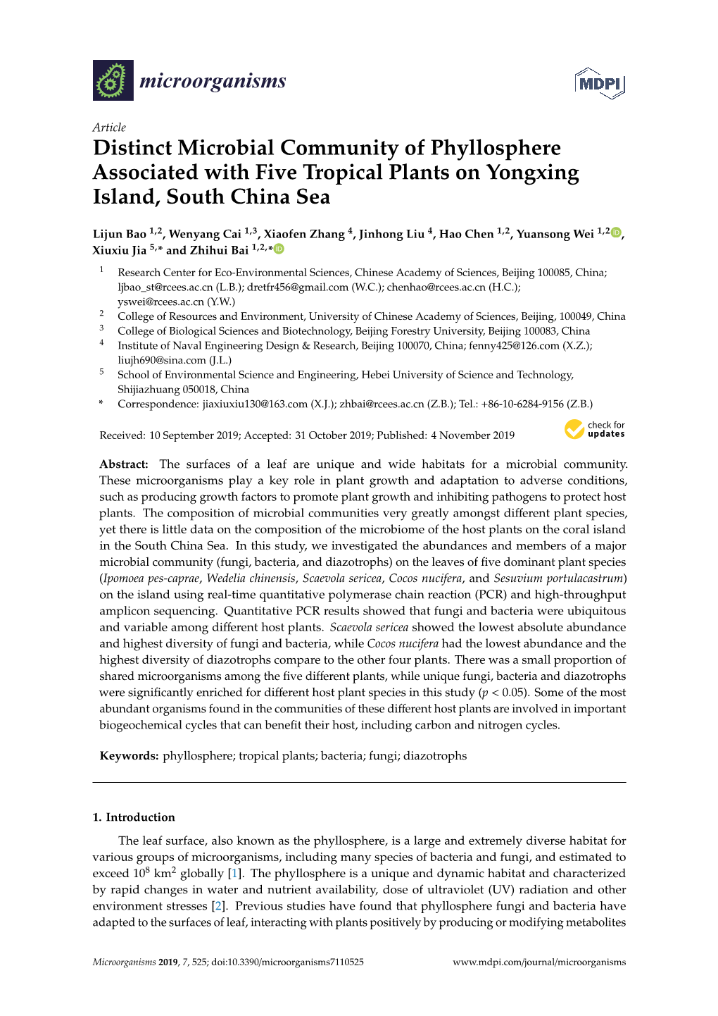 Distinct Microbial Community of Phyllosphere Associated with Five Tropical Plants on Yongxing Island, South China Sea