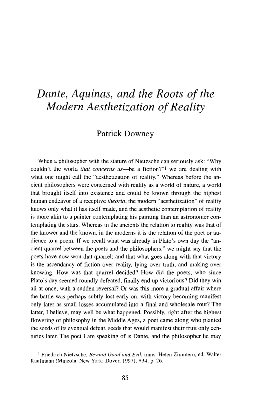 Dante, Aquinas, and the Roots of the Modern Aesthetization of Reality