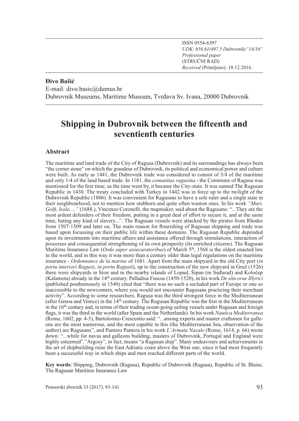 Shipping in Dubrovnik Between the Fifteenth and Seventienth Centuries