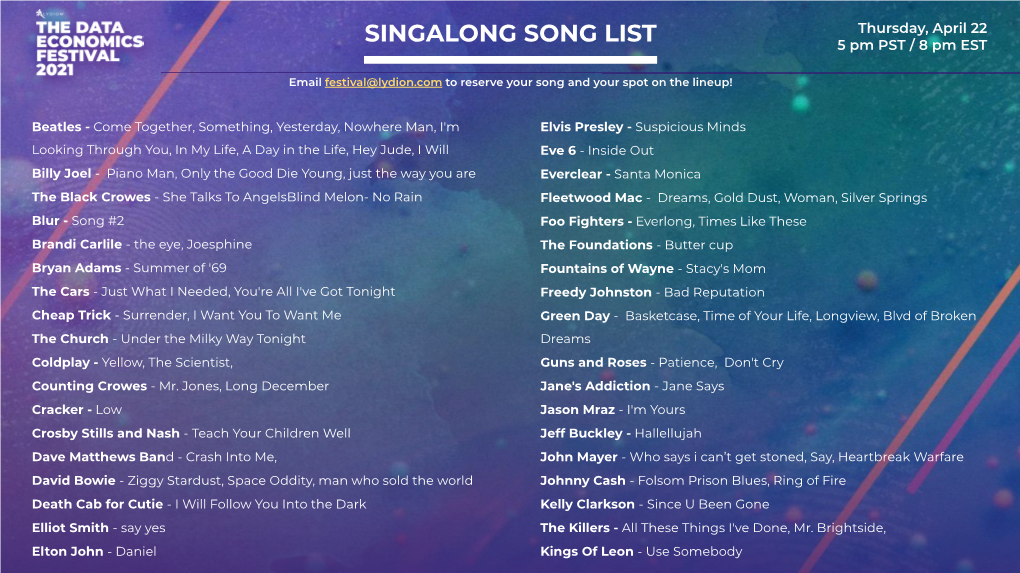 SINGALONG SONG LIST 5 Pm PST / 8 Pm EST