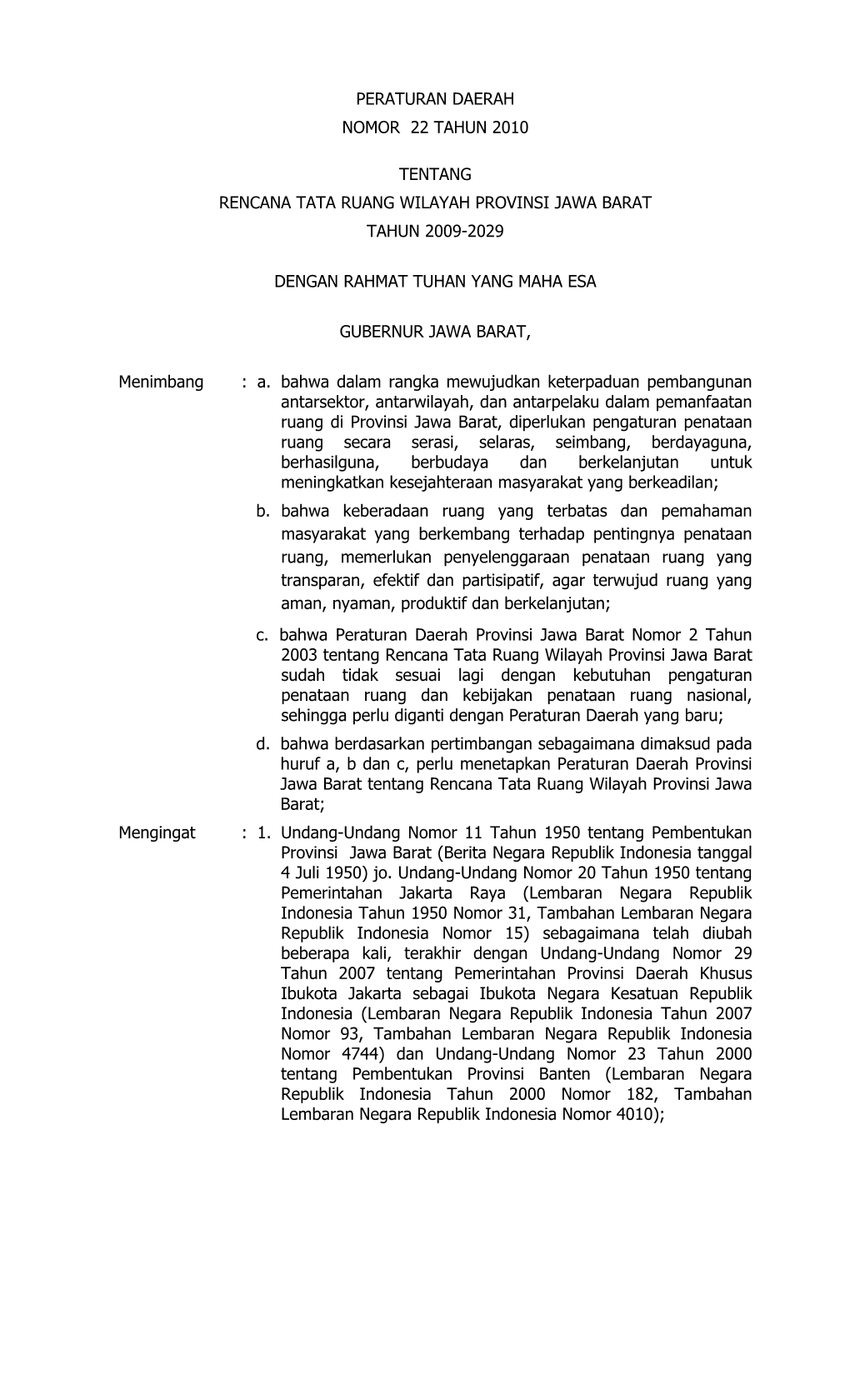 Peraturan Daerah Provinsi Jawa Barat Nomor 22 Tahun 2010