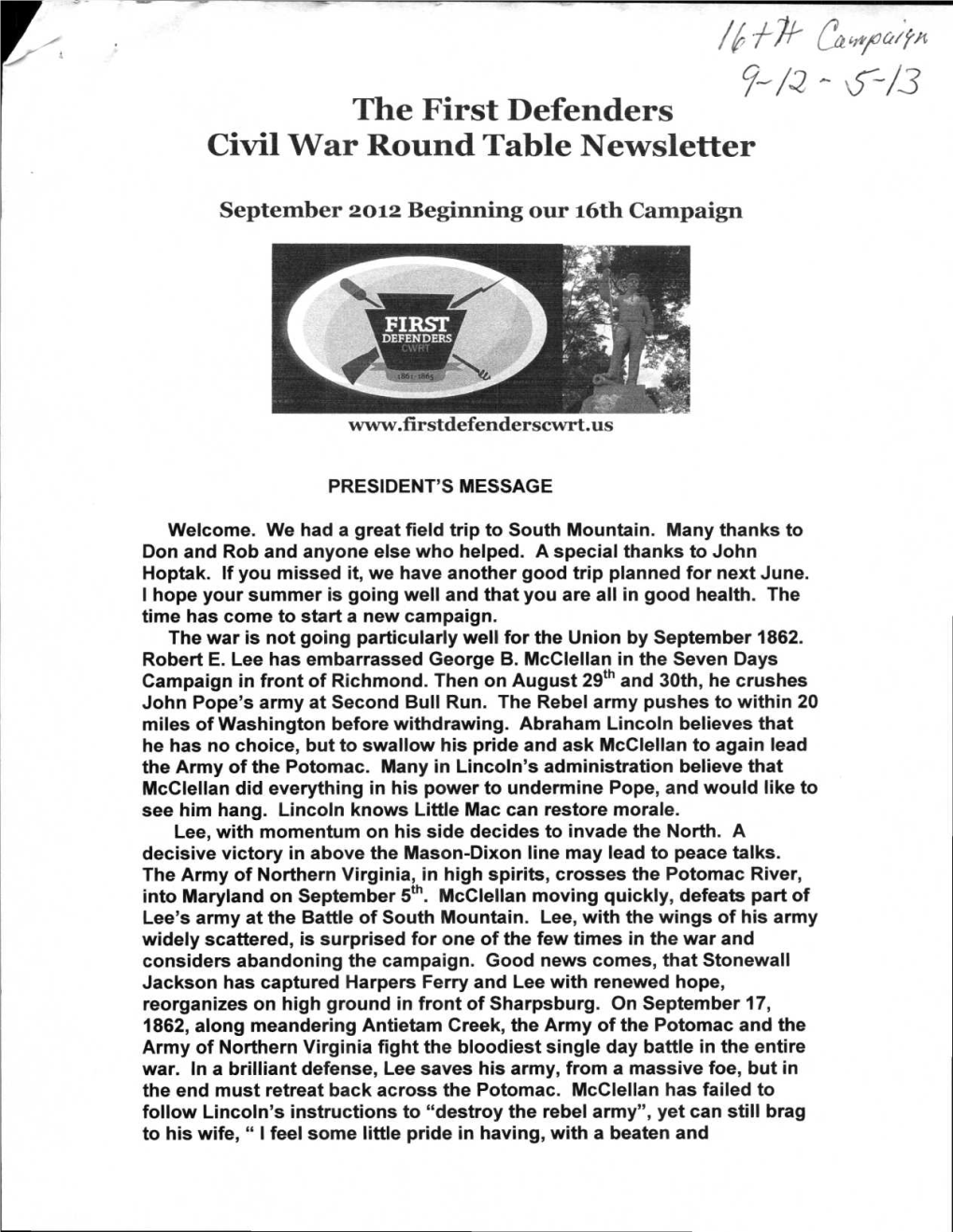 The First Defenders Civil War Round Table Newsletter