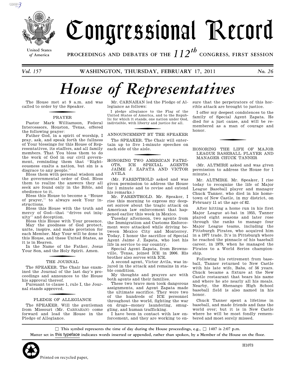 Congressional Record United States Th of America PROCEEDINGS and DEBATES of the 112 CONGRESS, FIRST SESSION