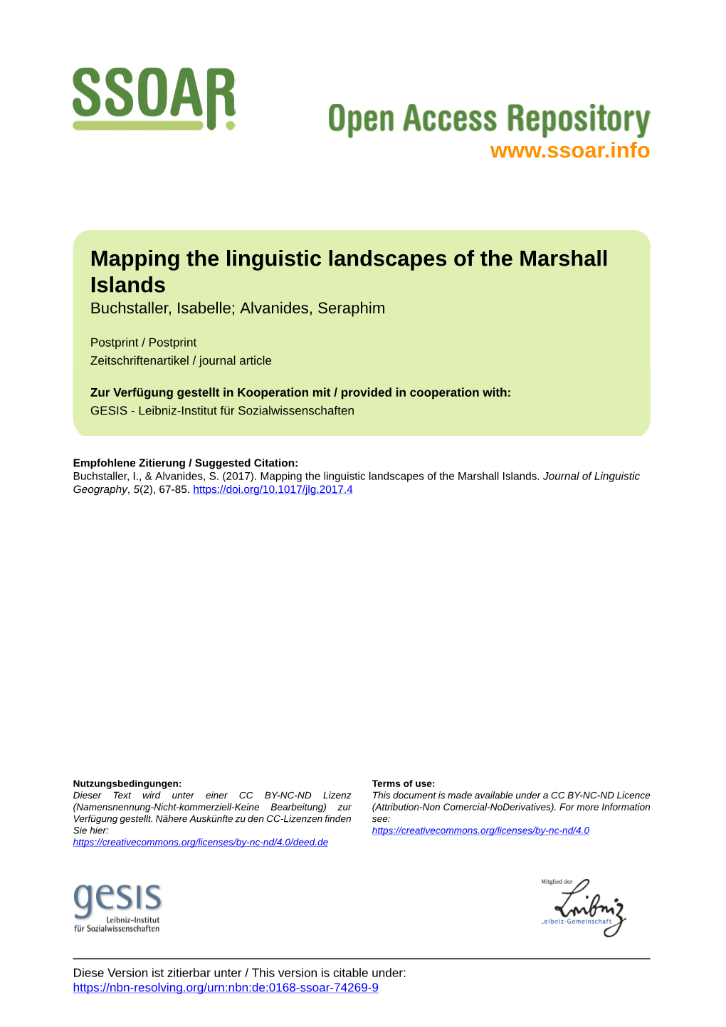 Mapping the Linguistic Landscapes of the Marshall Islands Buchstaller, Isabelle; Alvanides, Seraphim