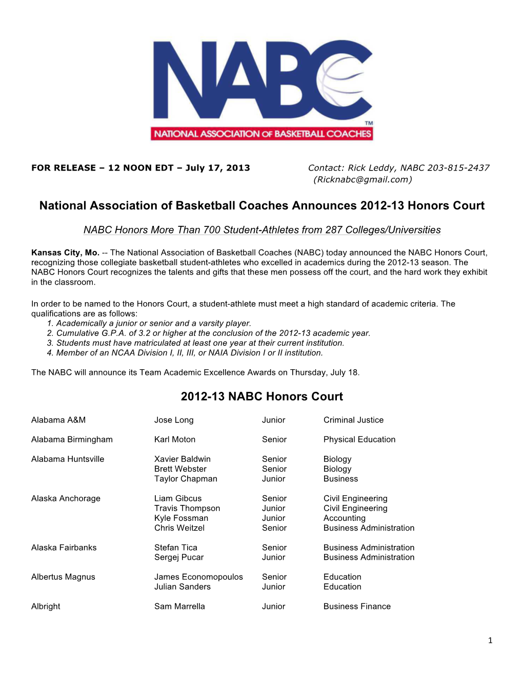 National Association of Basketball Coaches Announces 2012-13 Honors Court
