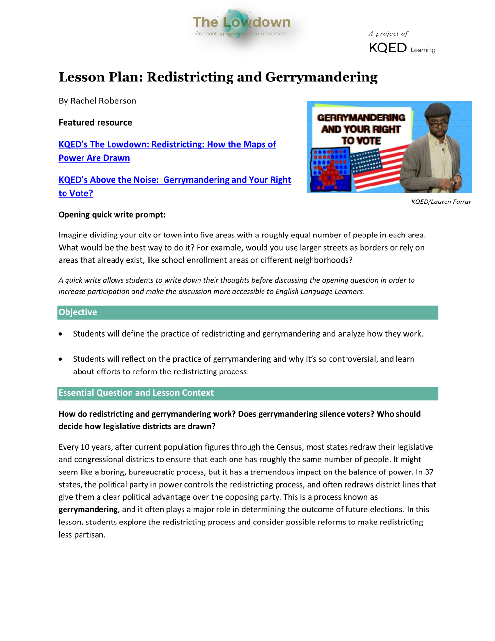 Lesson Plan: Redistricting and Gerrymandering