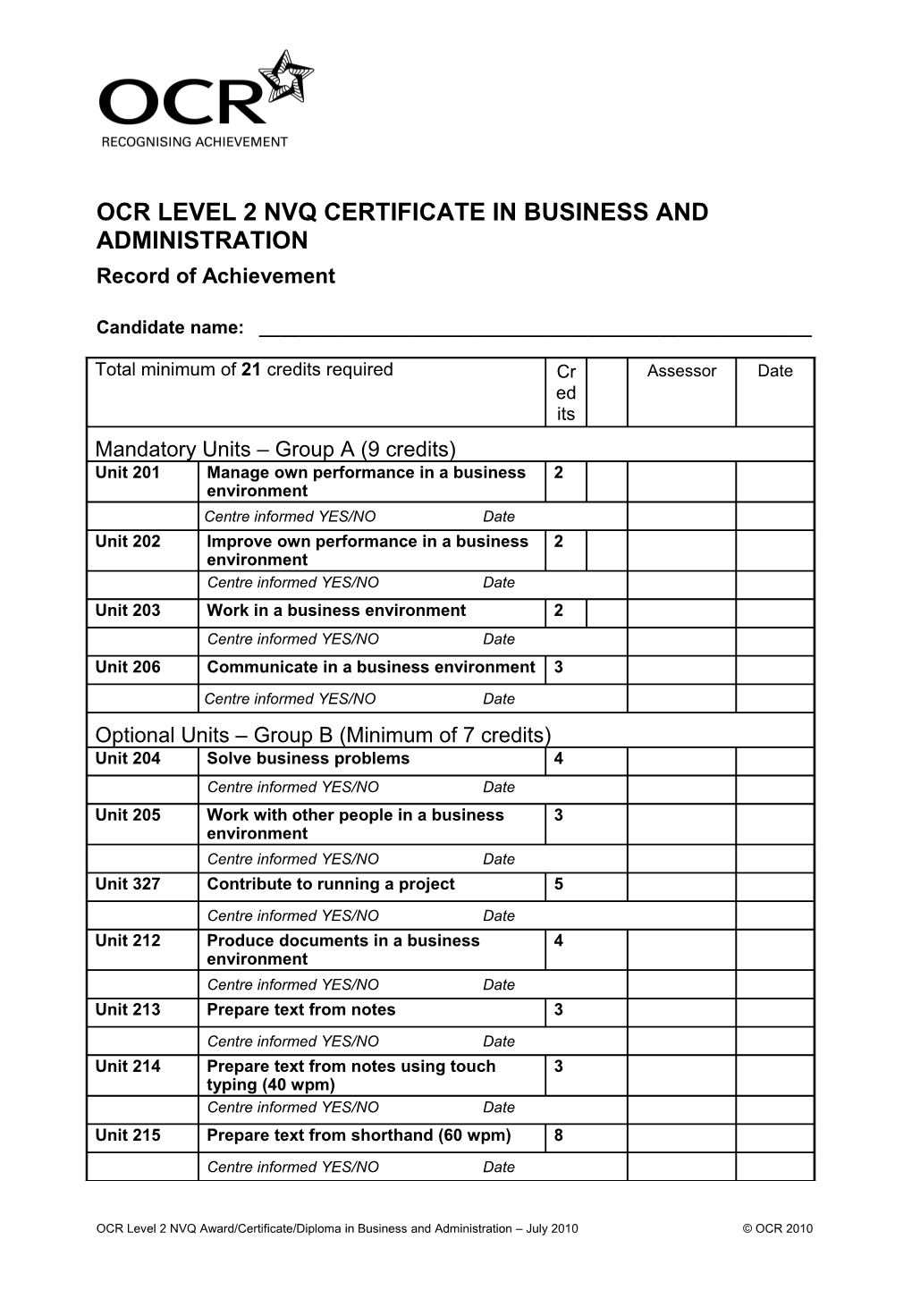 OCR Level 2 NVQ in Business and Administration