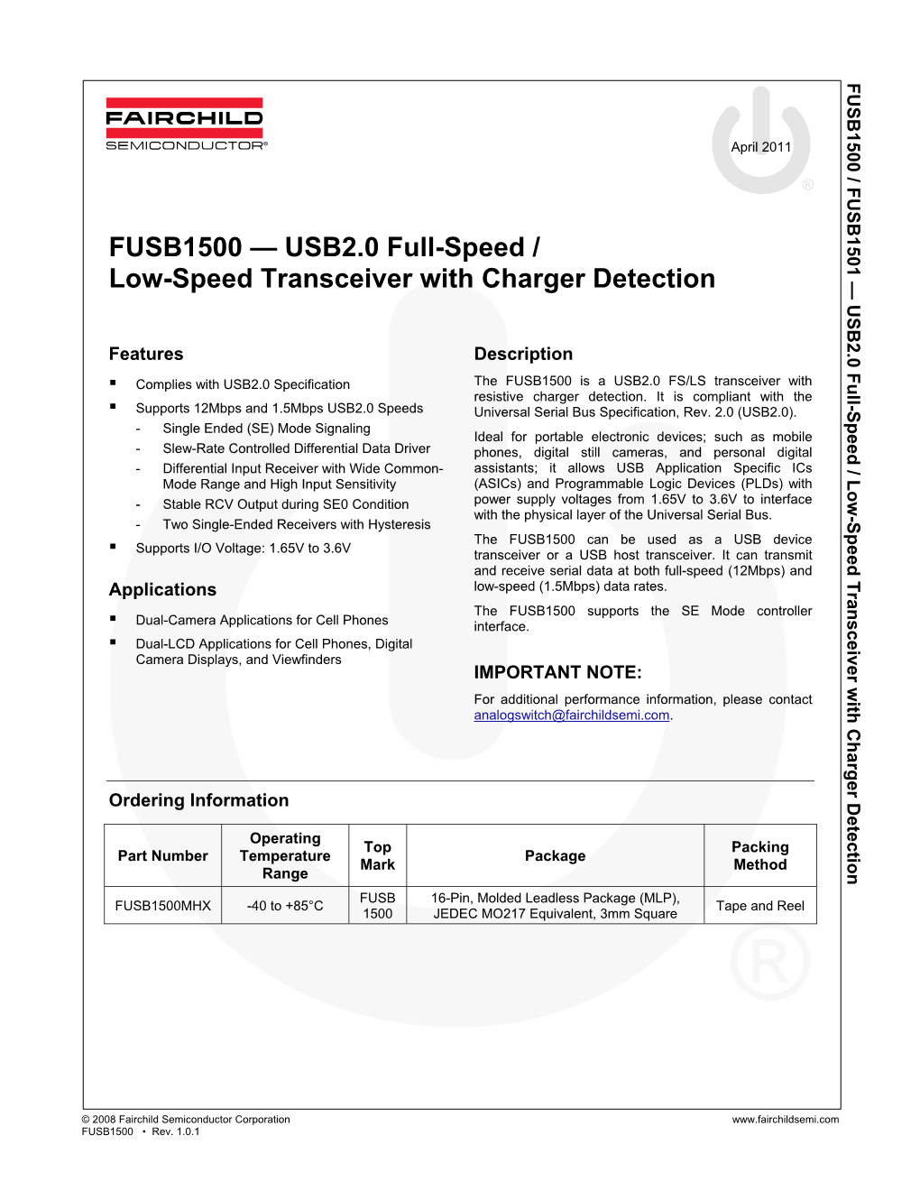 FUSB1500 — USB2.0 Full-Speed / Low-Speed Transceiver with Charger Detection