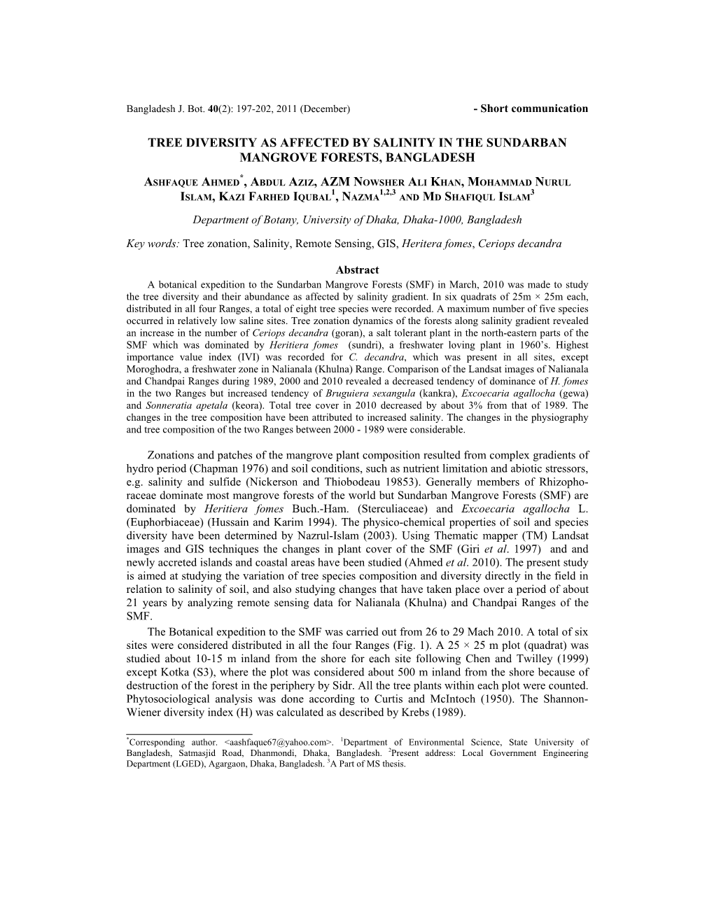 Tree Diversity As Affected by Salinity in the Sundarban Mangrove Forests, Bangladesh