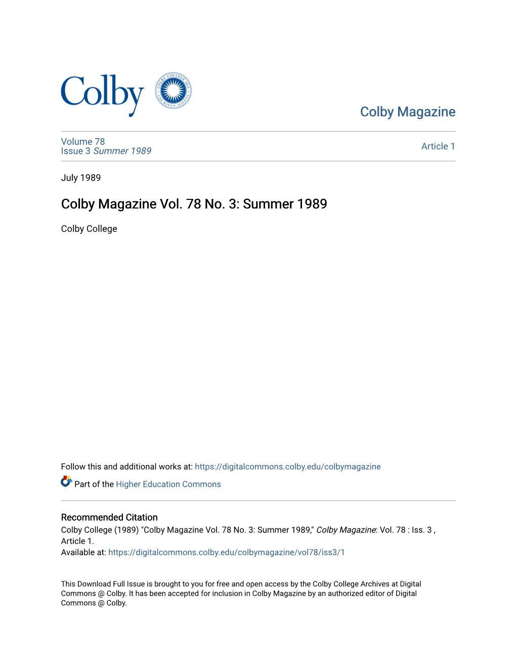 Colby Magazine Vol. 78 No. 3: Summer 1989