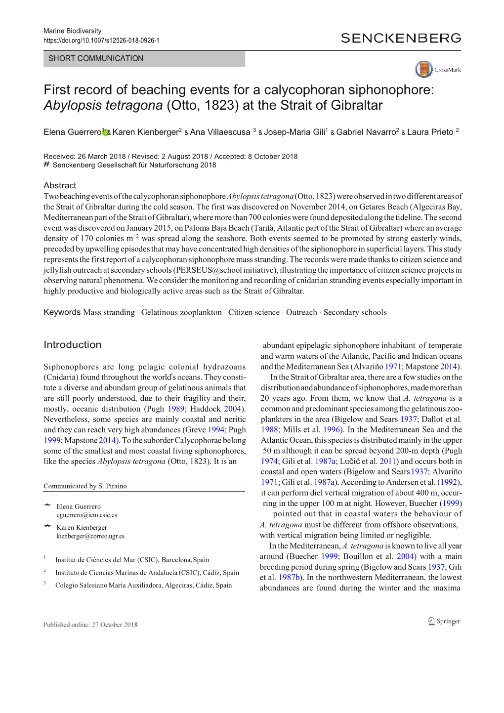 First Record of Beaching Events for a Calycophoran Siphonophore: Abylopsis Tetragona (Otto, 1823) at the Strait of Gibraltar