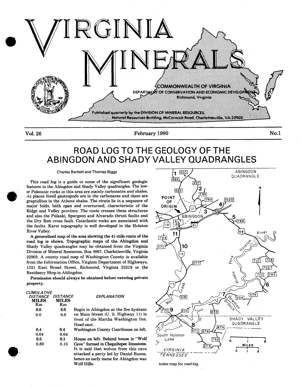 Road Log to the Geology of the Abingdon and Shady Valley Quadrangles