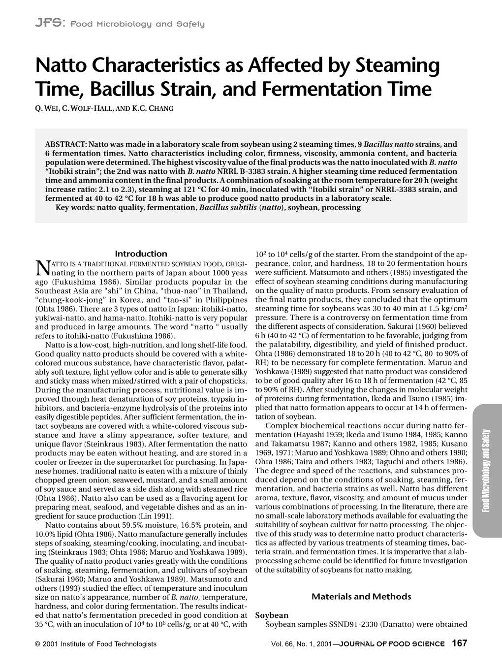 Natto Characteristics As Affected by Steaming Time, Bacillus Strain, and Fermentation Time Q