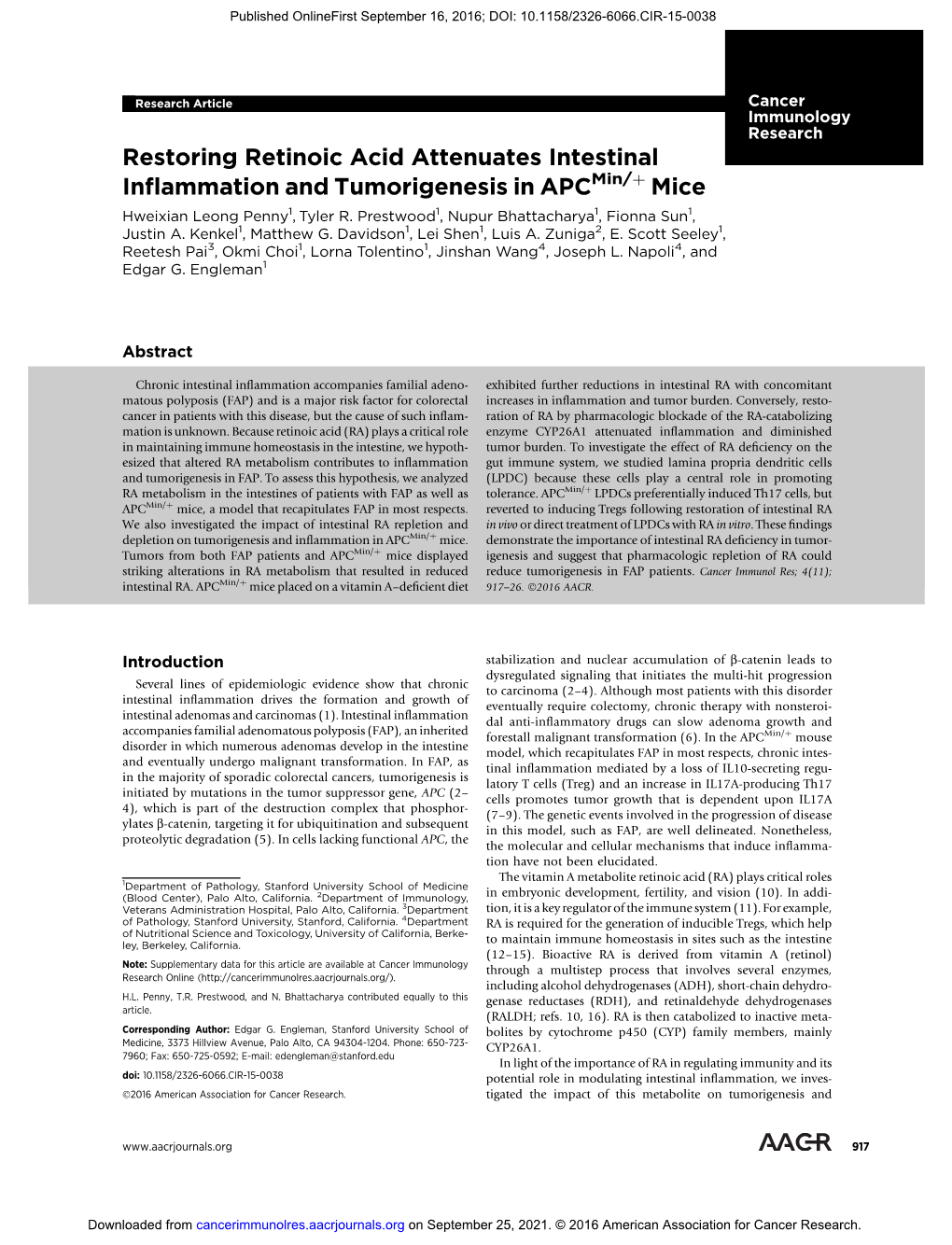 Restoring Retinoic Acid Attenuates Intestinal Inflammation and Tumorigenesis in APC Min/+ Mice