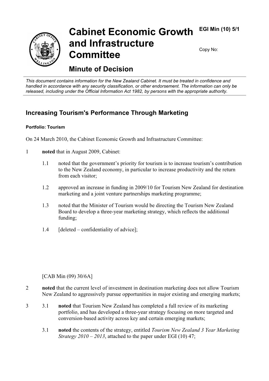 Cabinet Minute EGI Min (10) 5/1: Increasing Tourism's Performance