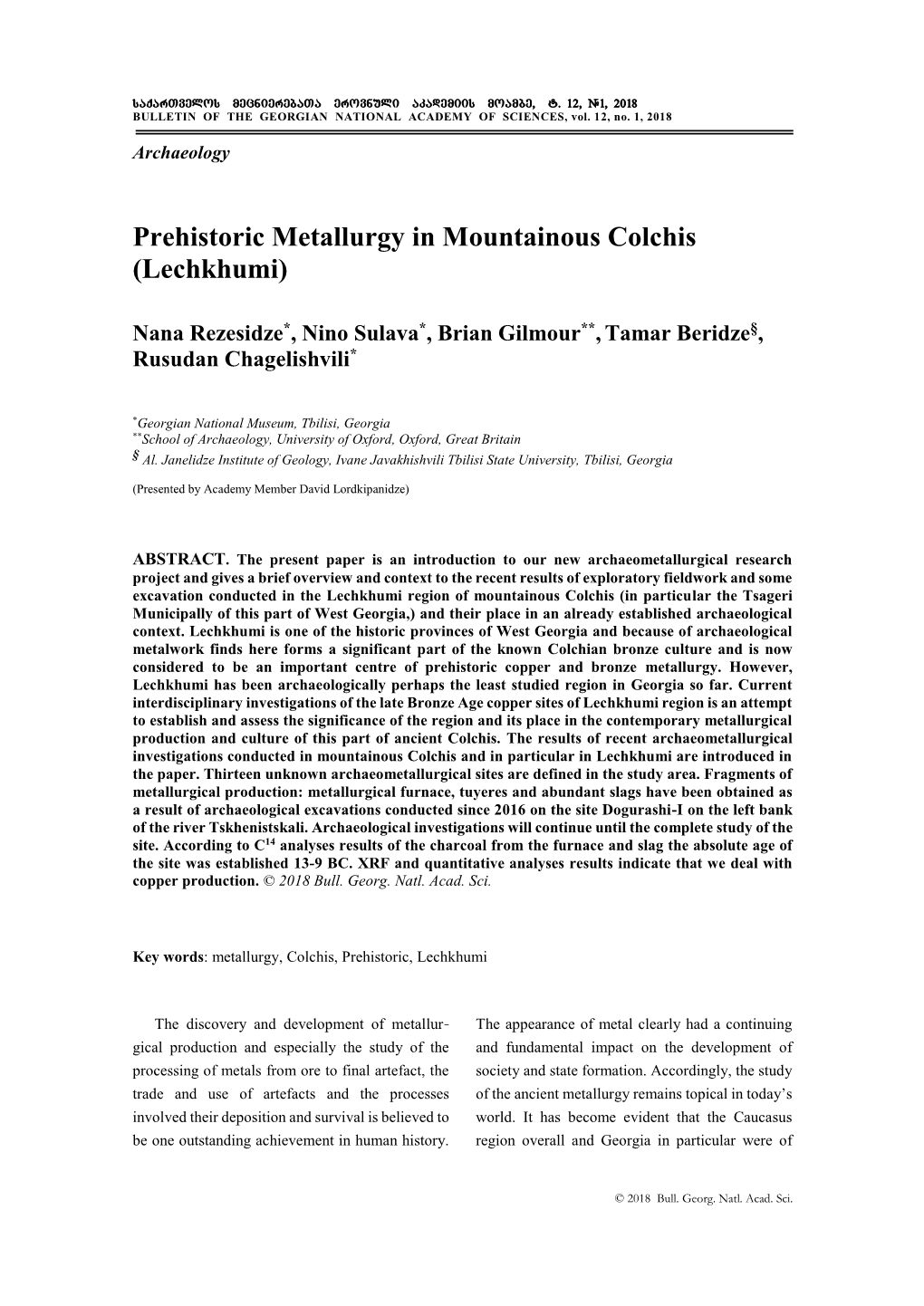 Prehistoric Metallurgy in Mountainous Colchis (Lechkhumi)