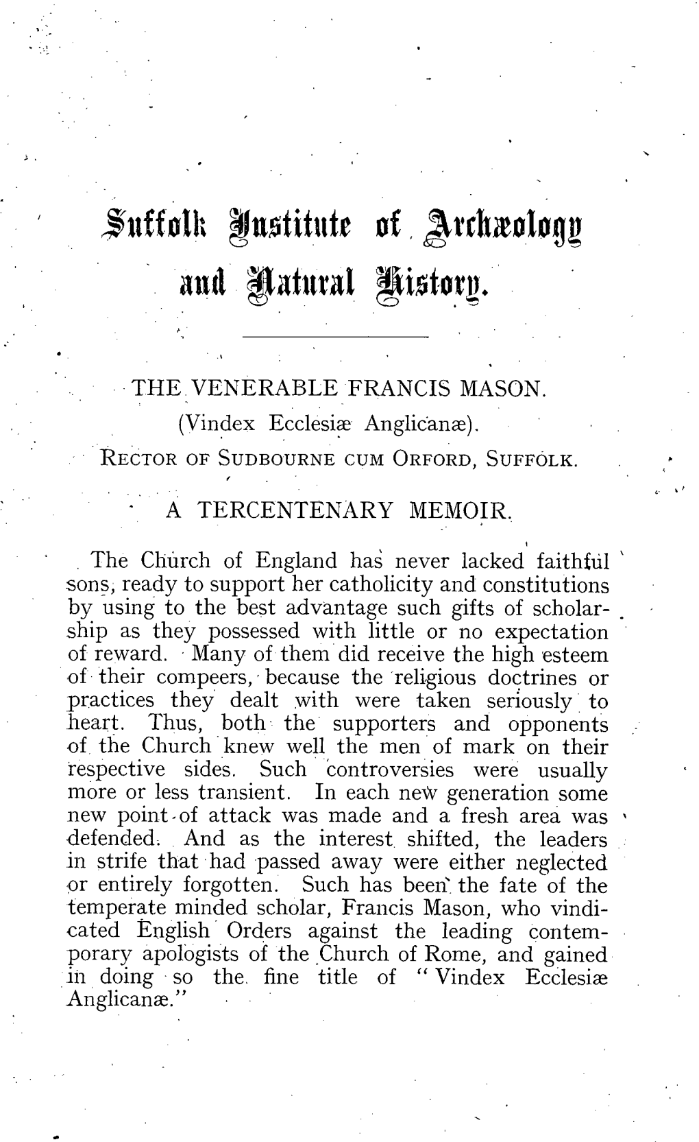 THE VENERABLE FRANCIS MASON.� (Vindex Ecclesim Anglican)