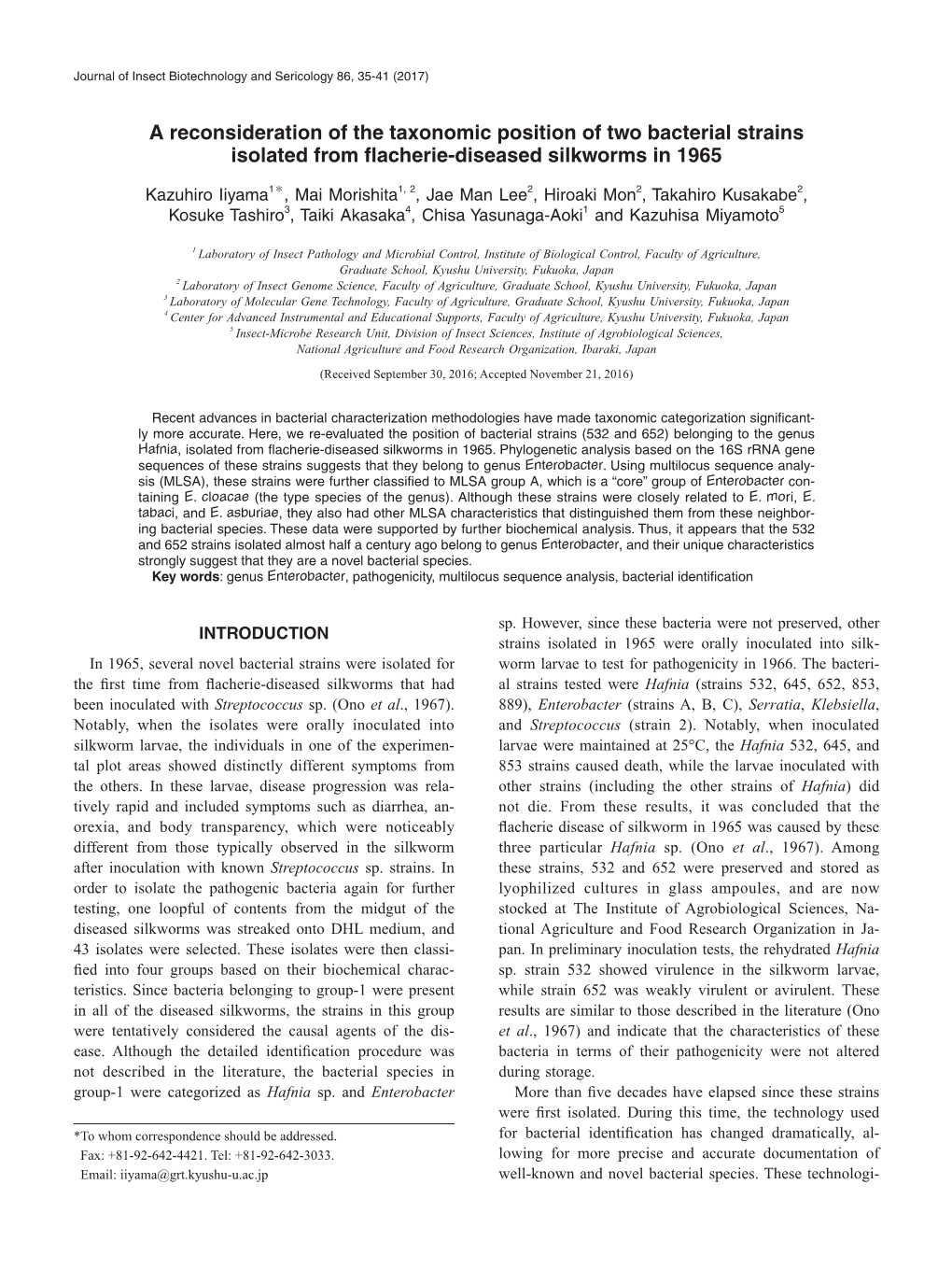 A Reconsideration of the Taxonomic Position of Two Bacterial Strains Isolated from Flacherie-Diseased Silkworms in 1965