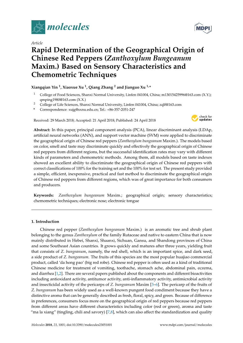 Rapid Determination of the Geographical Origin of Chinese Red Peppers (Zanthoxylum Bungeanum Maxim.) Based on Sensory Characteristics and Chemometric Techniques