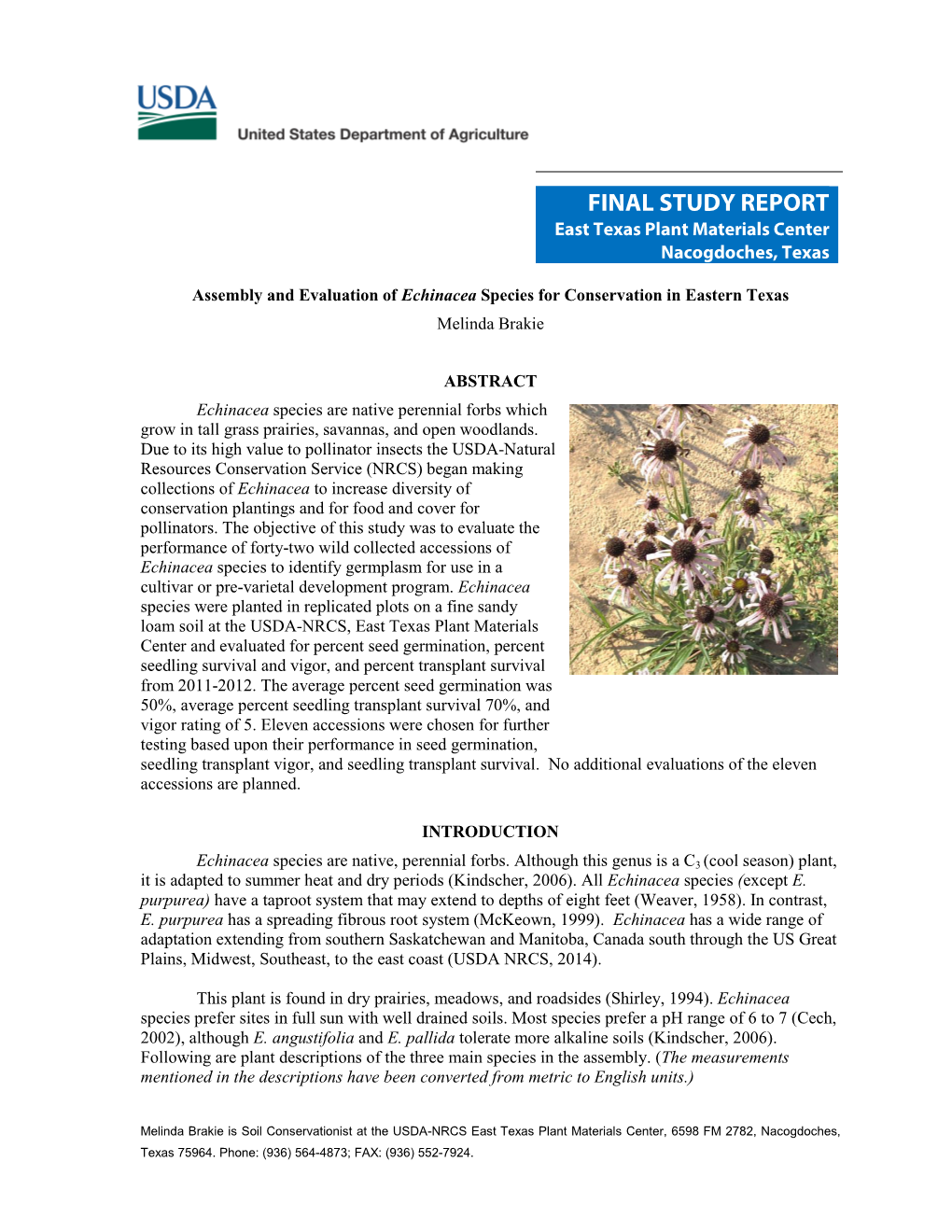 FINAL STUDY REPORT East Texas Plant Materials Center Nacogdoches, Texas